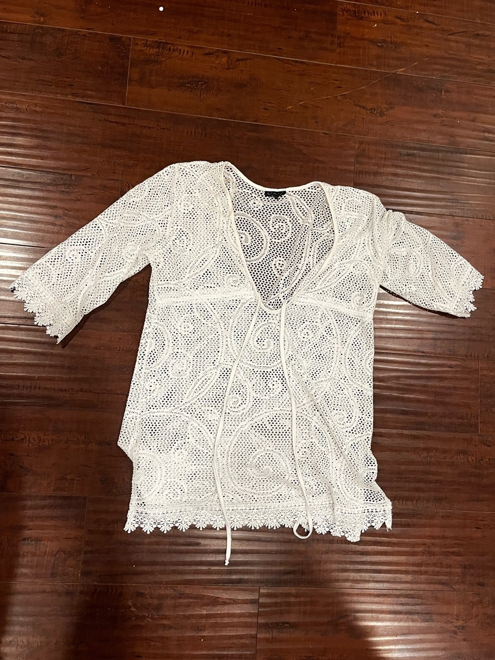 White Crochet Lace V-Neck Tunic with Tie Front